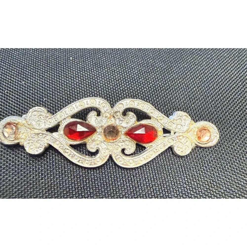 Vintage 1950s Napier Red Rhinestone Bar Brooch‎ Silver Tone Signed M555